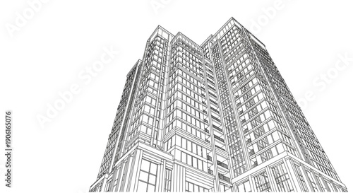 Modern Skyscraper Architectural Line Art Vector Drawing. High-Rise Building Blueprint Outline on White Background for Urban Design and Construction Concept.
