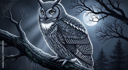 Majestic Owl Perched on a Gnarled Tree Branch Under the Glow of a Full Moon in a Serene, Mysterious Night Forest