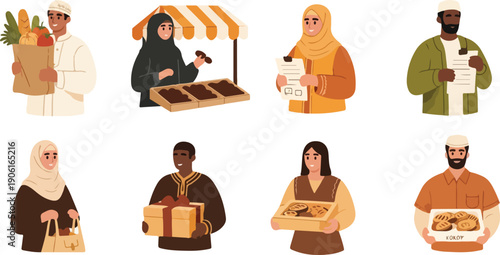 Muslim Community Sharing Food and Gifts During Ramadan Celebration Illustration Set