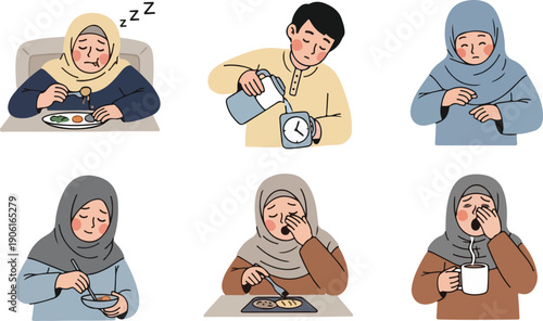 Muslim Family Having Suhoor Meal Before Fasting in Ramadan Illustration Set