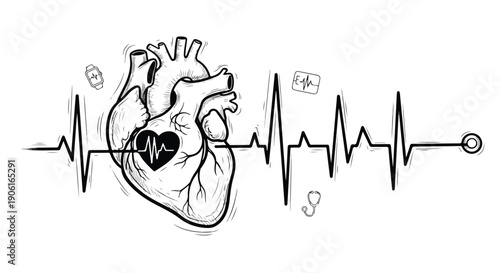 Human heart rate monitor medical sketch art