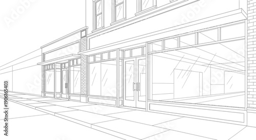 Architectural Storefront Line Drawing Illustration. Blank Retail Shop Facade Outline Sketch Template on City Sidewalk. Perspective View for Design Mockup.
