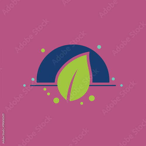 Fototapeta A vibrant green leaf design sits on a deep magenta background, overlapping a dark blue semi-circle and a line, adorned with scattered colorful dots