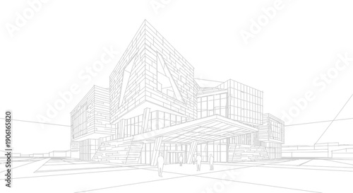 Architectural Sketch: Modern Commercial Building Line Drawing. Conceptual Design of Contemporary Corporate or Convention Center Facade.