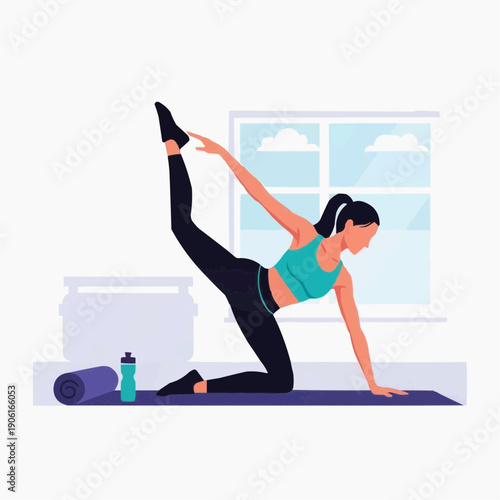 A woman in a yoga pose on a mat in a modern room with a window