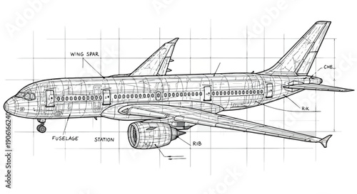 Commercial airliner aircraft technical sketch art