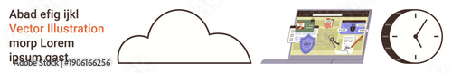 Digital security, cloud storage, cybersecurity, data protection, productivity, time management. A cloud icon, a laptop with security symbols and a clock. Focus on data protection and time management