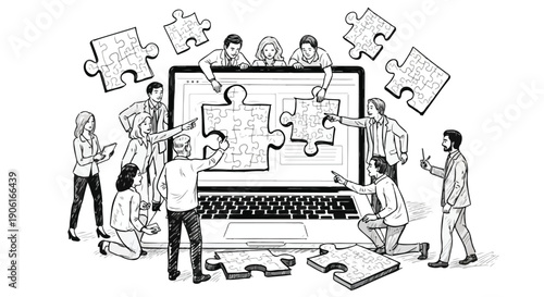 Teamwork solving puzzle business concept sketch
