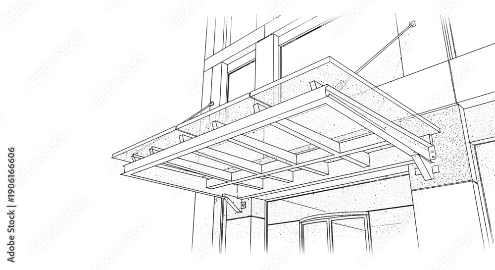 Fototapeta premium Architectural Line Drawing of Modern Building Entrance Canopy. Technical blueprint sketch of cantilevered glass awning structure and steel frame.