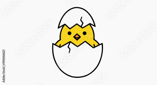 A cute yellow chick hatches from a cracked white eggshell in a simple vector illustration