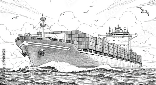 Large container ship maritime logistics sketch
