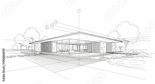 Modern House Architectural Line Drawing. Conceptual Sketch of a Minimalist Luxury Home Exterior and Landscape Design in Black and White Perspective.