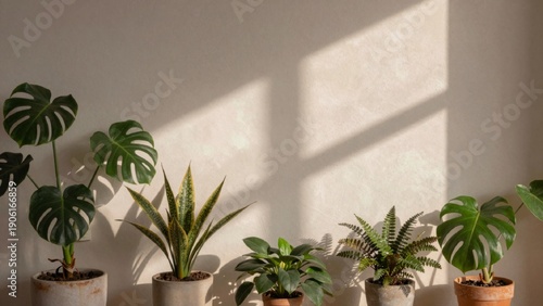 High-resolution featuring potted plants arranged row against plain light beige wall different sizes shapes largest left monstera deliciosa plant large
