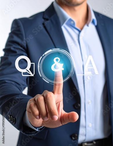 Businessman Interacting with QA Interface, Digital Question and Answer Concept.