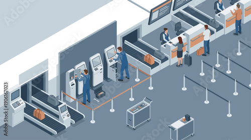 Isometric 3D Illustration of Technicians Performing Maintenance on Airport Self-Service Check-in Kiosks and Baggage Conveyor Systems for Efficient Travel Operations