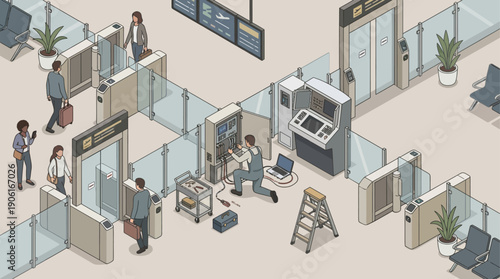 Isometric Airport Terminal Maintenance with Technician Repairing Security Gates, Facility Management and Public Infrastructure Repair Illustration in Clean Flat Style