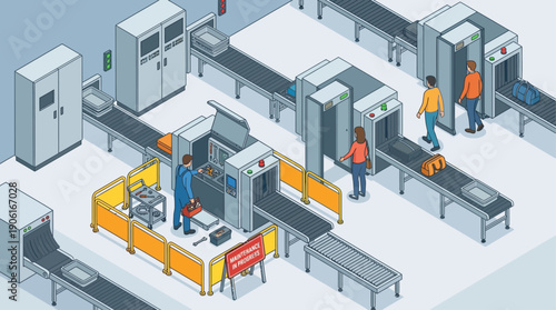 Isometric Airport Security Checkpoint Maintenance with Technician Repairing X-ray Scanner and Conveyor Belt, Industrial Service and Logistics Management Illustration