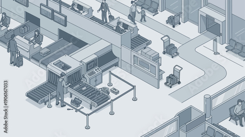 Isometric Airport Maintenance Illustration of Technician Repairing Baggage X-ray Scanner and Conveyor Belt, Infrastructure Service and Aviation Logistics Concept in Blue Line Art Style