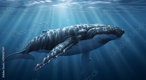 Magnificent humpback whale gracefully navigates the expansive blue ocean, bathed in shimmering sun rays that pierce through the tranquil underwater world