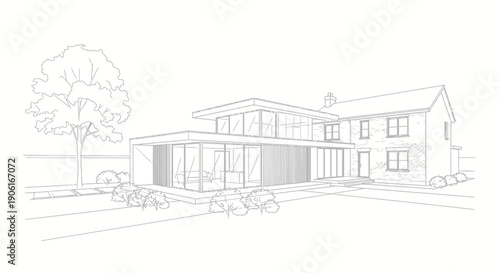 Architectural Sketch: Modern Home Extension and Renovation Line Drawing. Contemporary Design Blended with Traditional Residential House Outline.