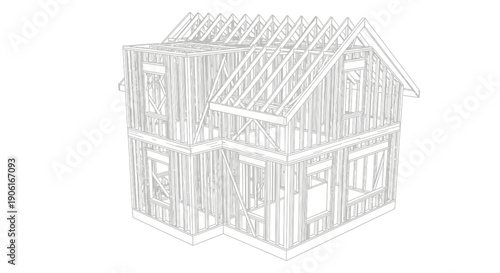 Wood Frame House Construction Outline. Residential Building Framing Structure Drawing. Architectural Blueprint of New Home Development.