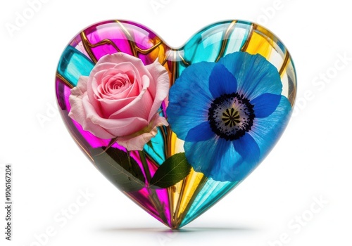 Vibrant split heart with rose and cornflower on glossy rainbow background