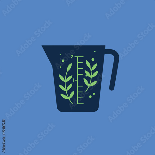 A stylized dark blue measuring cup featuring light green leaf designs and measurement markings (1, 2) is centered on a solid blue background.