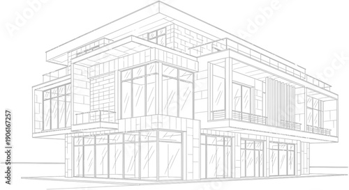 Architectural blueprint sketch of a modern luxury residential building or corporate office structure. Contemporary urban design line art concept on white background.