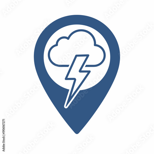 A dark blue map marker icon containing a stylized white cloud with a lightning bolt inside.