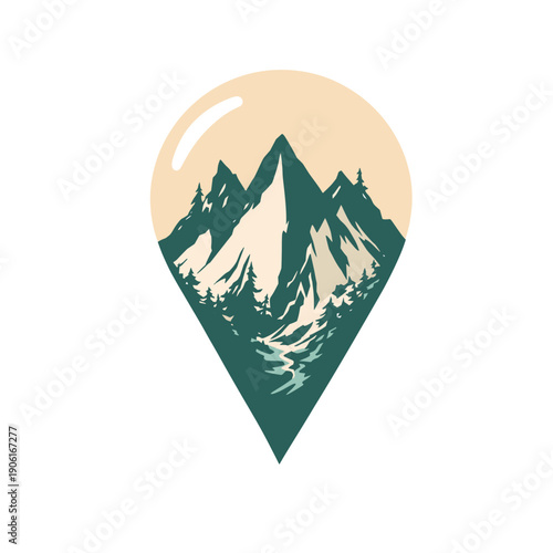 A stylized illustration of a mountain range with pine trees and a river, enclosed within a map pin marker.
