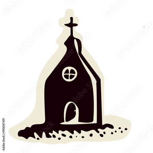 Little church sanctuary symbol for pilgrimage travel destination. Simple christianity motif, hand drawn for monastery, chapel or cathedral clip art