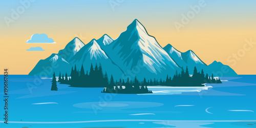 Beautiful Mountain Landscape with Lake and Pine Forest Illustration