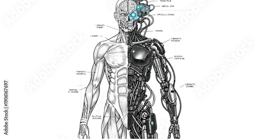 Human anatomy half robot cyborg sketch