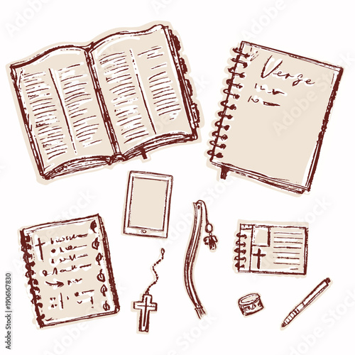 Hand drawn hand Bible you can write in book journal or sermon paper. Isolated flat lay editable vector top view sticker. Black and white motif for church, sunday school. Notetaking verse mapping study