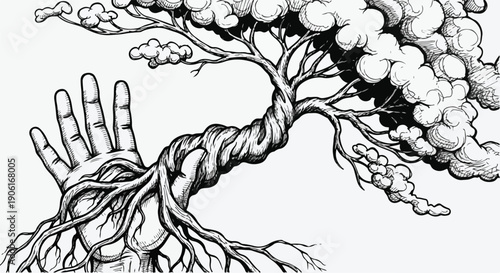 Detailed bonsai tree nature botanical sketch