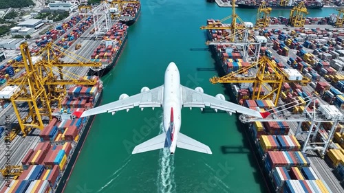 Wallpaper Mural Aerial view of airplane flying over cargo ships and cranes in a busy shipping port with containers Torontodigital.ca