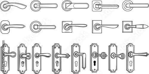 Door handle collection line art vector set modern classic knobs locks hardware interior architecture outline illustration icons