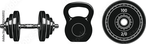 Fitness gym equipment silhouettes dumbbell kettlebell weight plate strength training workout bodybuilding sports black white vector illustration set