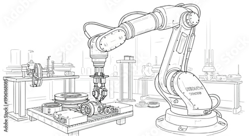 Industrial robot workstation technical sketch