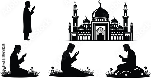 Muslim men praying silhouettes at mosque Ramadan worship Islamic prayer faith spirituality devotion culture black white vector illustration