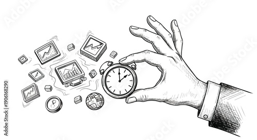 Hand holding pocket watch time concept sketch