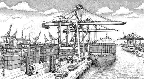 Ship loading dock logistics technical sketch art
