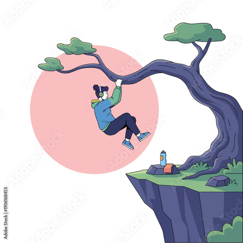 Woman Hanging on Tree Branch Over a Cliff Edge