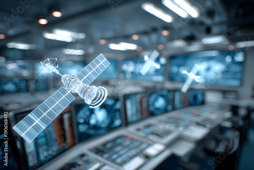 Models of satellites in a control room show the design process for space missions at a research facility in the evening