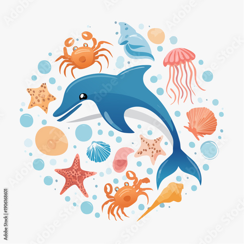 Cute blue dolphin surrounded by colorful sea creatures and seashells in a playful design