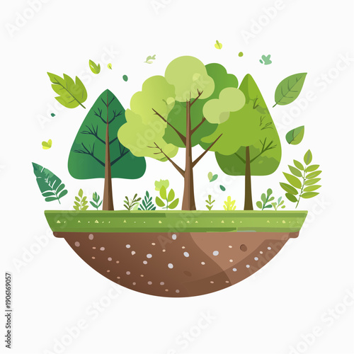 A vibrant flat design illustration of a small floating island with a lush green forest and foliage