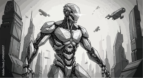 Futuristic cyborg humanoid robotic engineering sketch