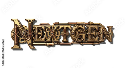 Steampunk styled NextGen logo with copper and brass mechanical design