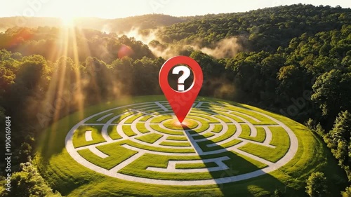Wallpaper Mural Aerial view of a labyrinth in a lush green forest with a question mark pin at its center, surrounded by trees and sunlight Torontodigital.ca