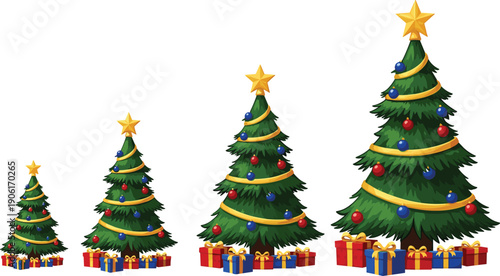 Christmas tree collection with decorated pine trees gifts ornaments star toppers festive holiday vector illustration isolated white background